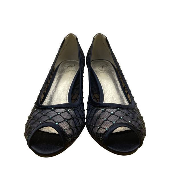 Adrianna Papell Women’s Navy Saba Mesh Rhinestoned Peep Toe Jamie Heels Size 6.5