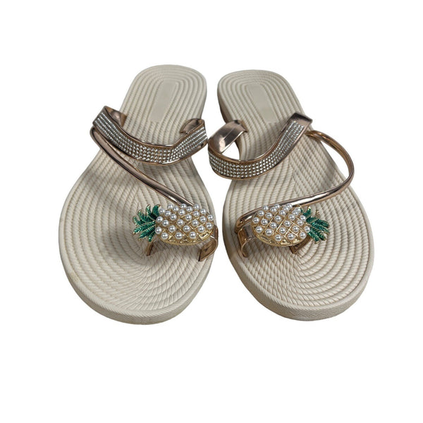 Women's Beige Pineapple Faux Pearls Rhinstone Strap Sandals Sz 42 (11.5 US)