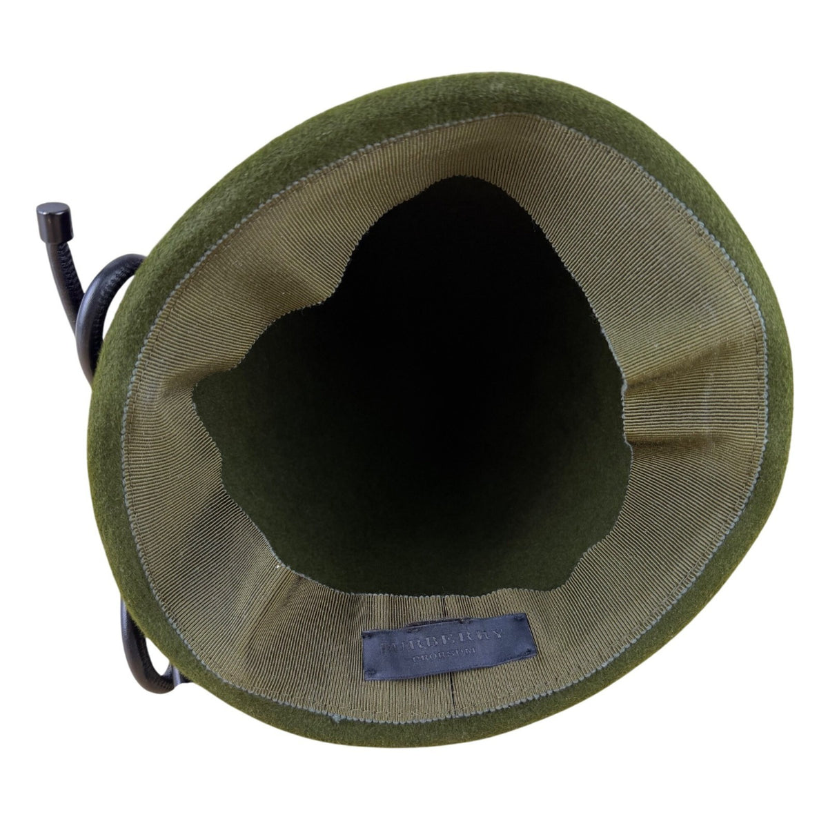 Womens Green Wool Cloche Hat With Black Leather Bow Accent