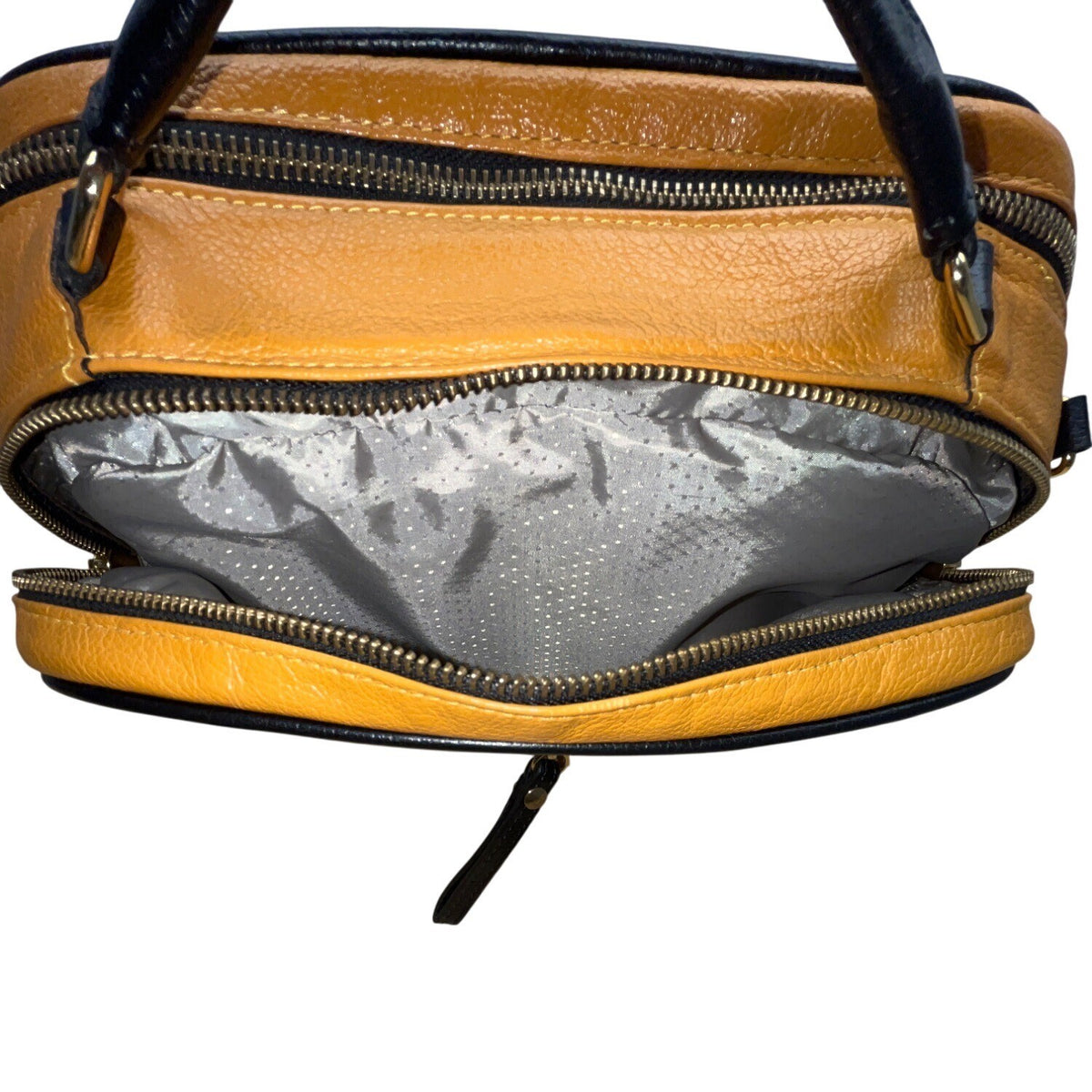 Absolutti Camel Brown & Black Faux Leather & Gold Zipper Crossbody Camera Bag