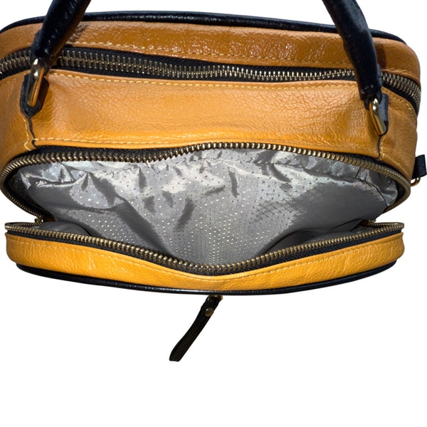 Absolutti Camel Brown & Black Faux Leather & Gold Zipper Crossbody Camera Bag