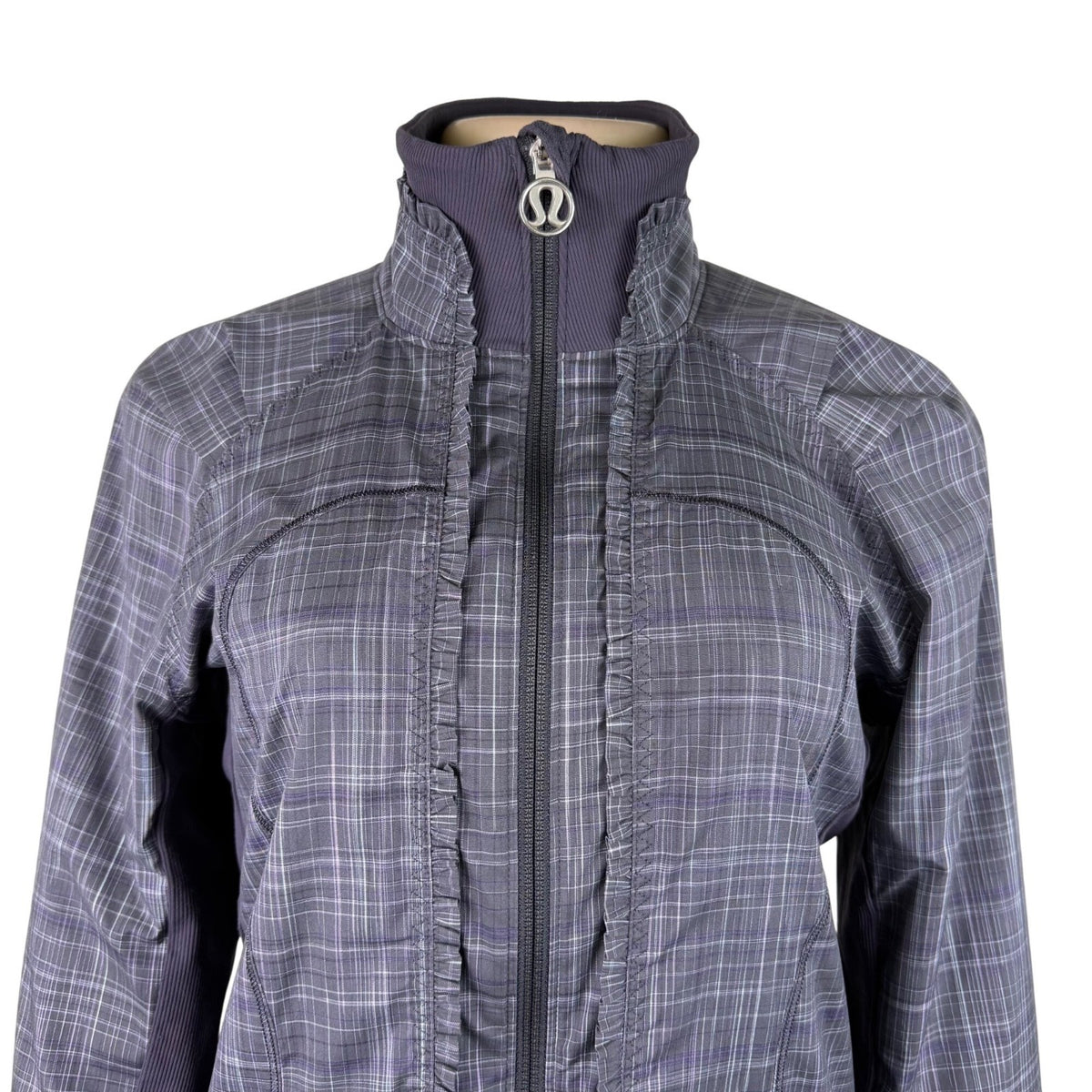 Lululemon Womens Gray Plaid Full-Zip Lightweight Jacket Ruffle Trim High Collar