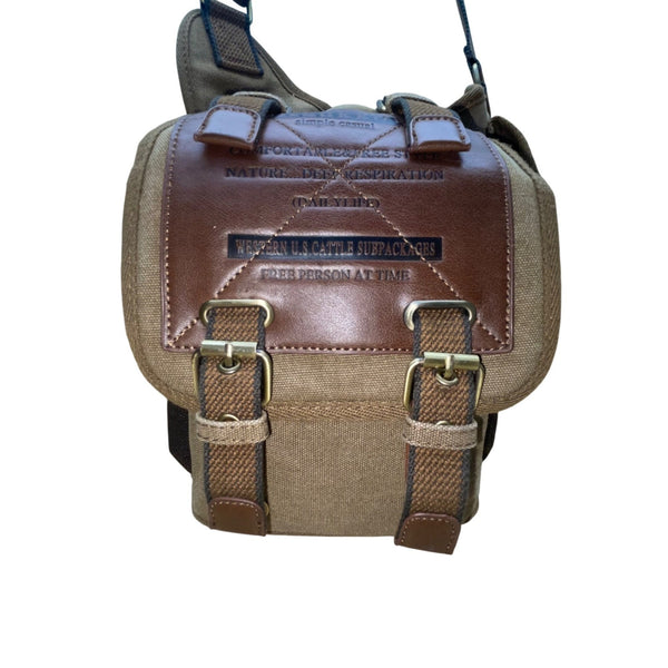 Kaukko Unisex Brown Canvas & Leather Adjustable Crossbody Strap Messenger Bag
