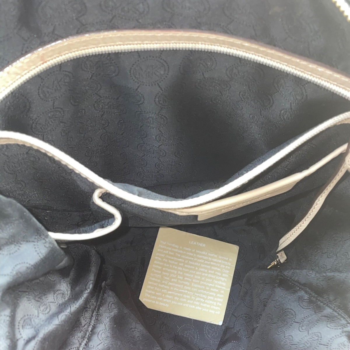 Michael Kors Women’s Black Pebbled Leather Gold Hardware Beige Straps Tote Bag