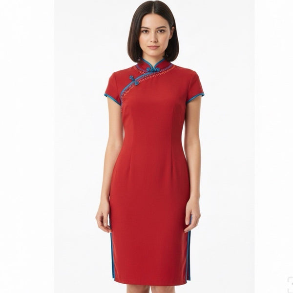 Womens Red Cheongsam Qipao Dress With Blue Trim & Embroidery Elegant Style Sz XL