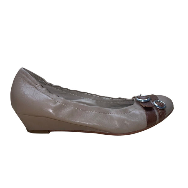 AGL Women’s Beige Brown Leather Buckle Accent Ballet Style Flats Size 39