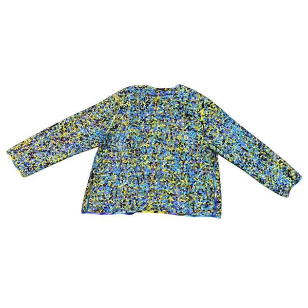 Chicos Design Womens Blue Yellow Multicolor 100% Silk Open Front Jacket Size 2
