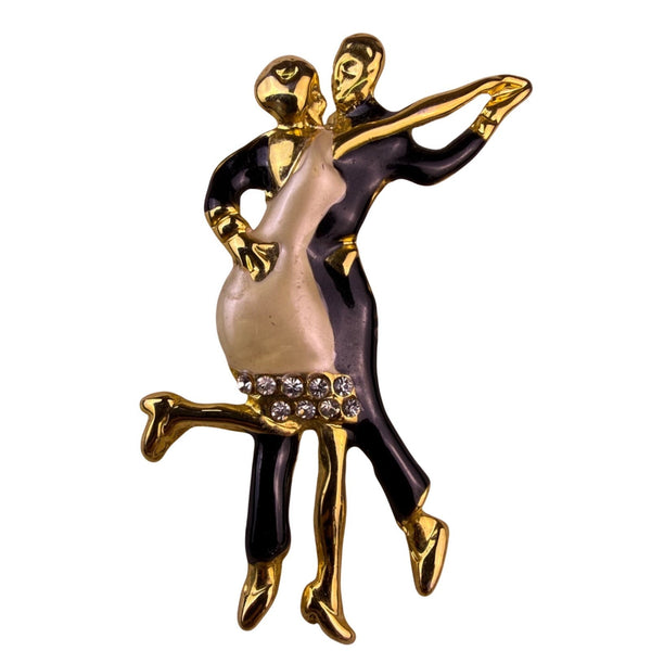 Vintage Unknown Gold Tone Enamel Dancing Couple Brooch Rhinestones