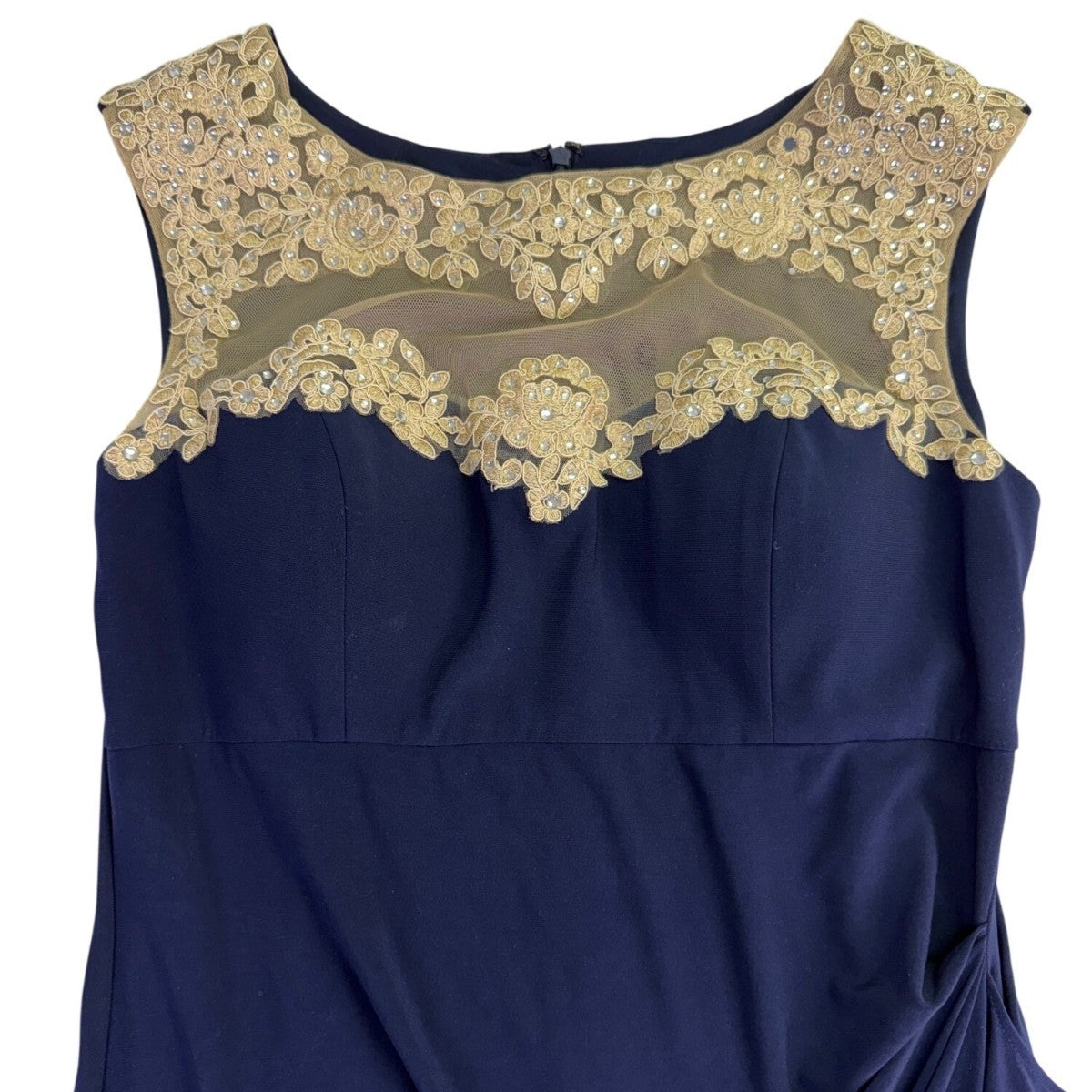 Alex Evenings Womens Navy Mesh Evening Gown With Gold Embellished Bodice Size 14