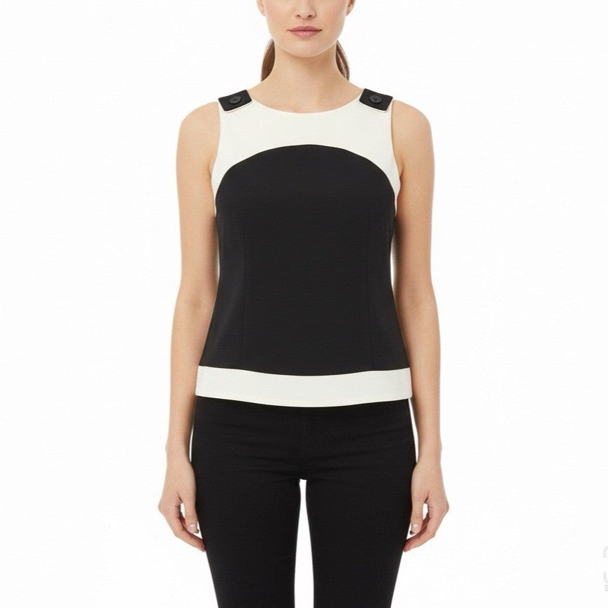 Dressbarn Womens Black & White Sleeveless Button-Shoulder Top Size 14
