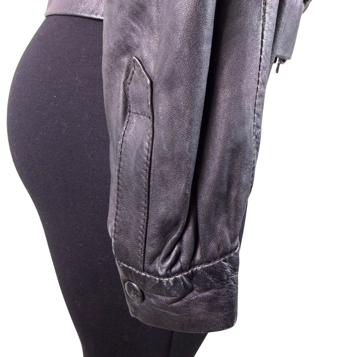 Theory Womens Black Leather Jacket Small Italy Epaulet Bomber Style Zip Closure