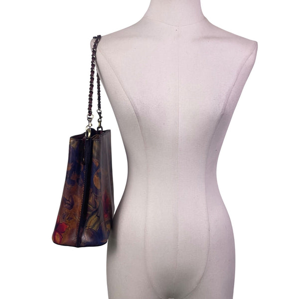 Patricia Nash Womens Brown Leather Floral Embossed Chain Strap Shoulder Tote Bag