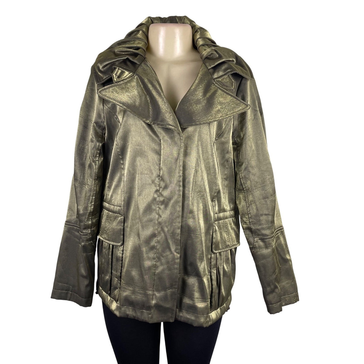 Hilary Radley Women’s Metallic Green Jacket Drawstring Long Sleeves Sz L