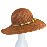 Nine West Womens Brown Straw Sun Hat With Beaded Band Wide Brim Beach Accessory
