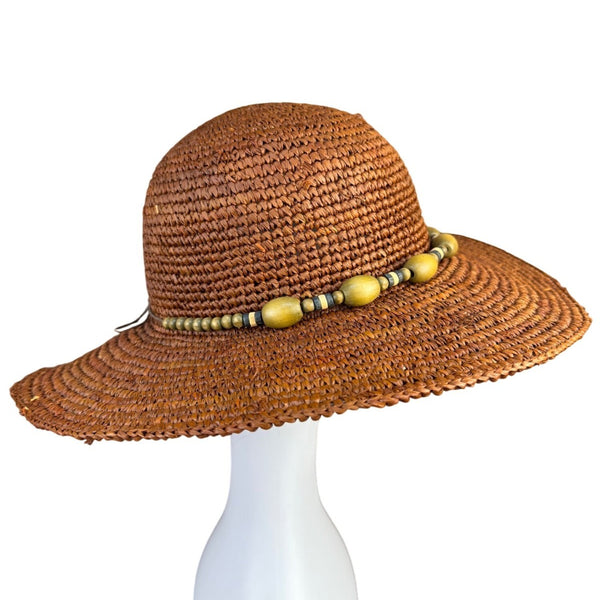 Nine West Womens Brown Straw Sun Hat With Beaded Band Wide Brim Beach Accessory