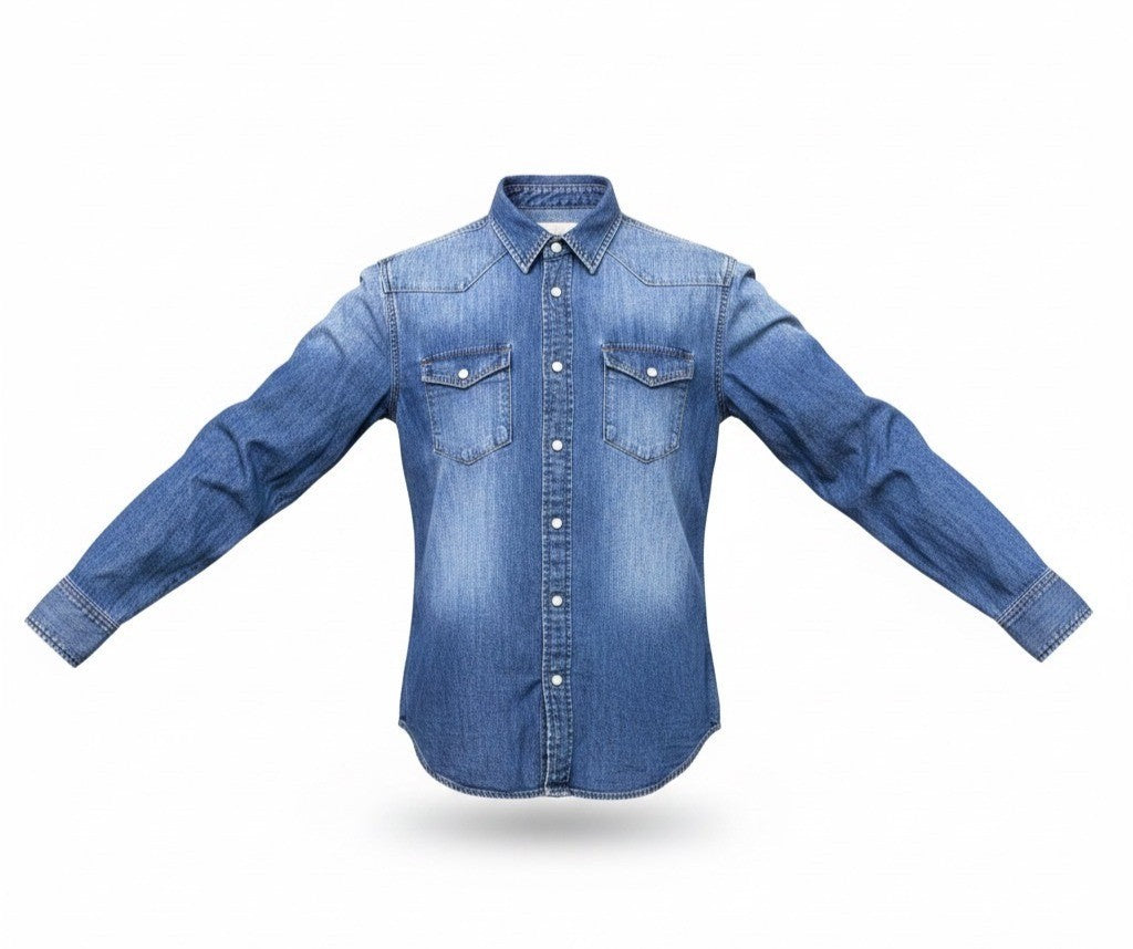 1975 Mens Blue Cotton Denim Long-Sleeve Western Shirt With Button Front Size L