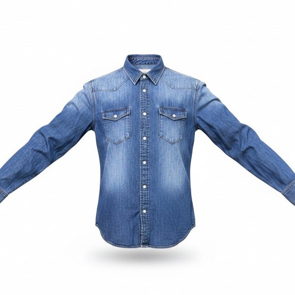 1975 Mens Blue Cotton Denim Long-Sleeve Western Shirt With Button Front Size L
