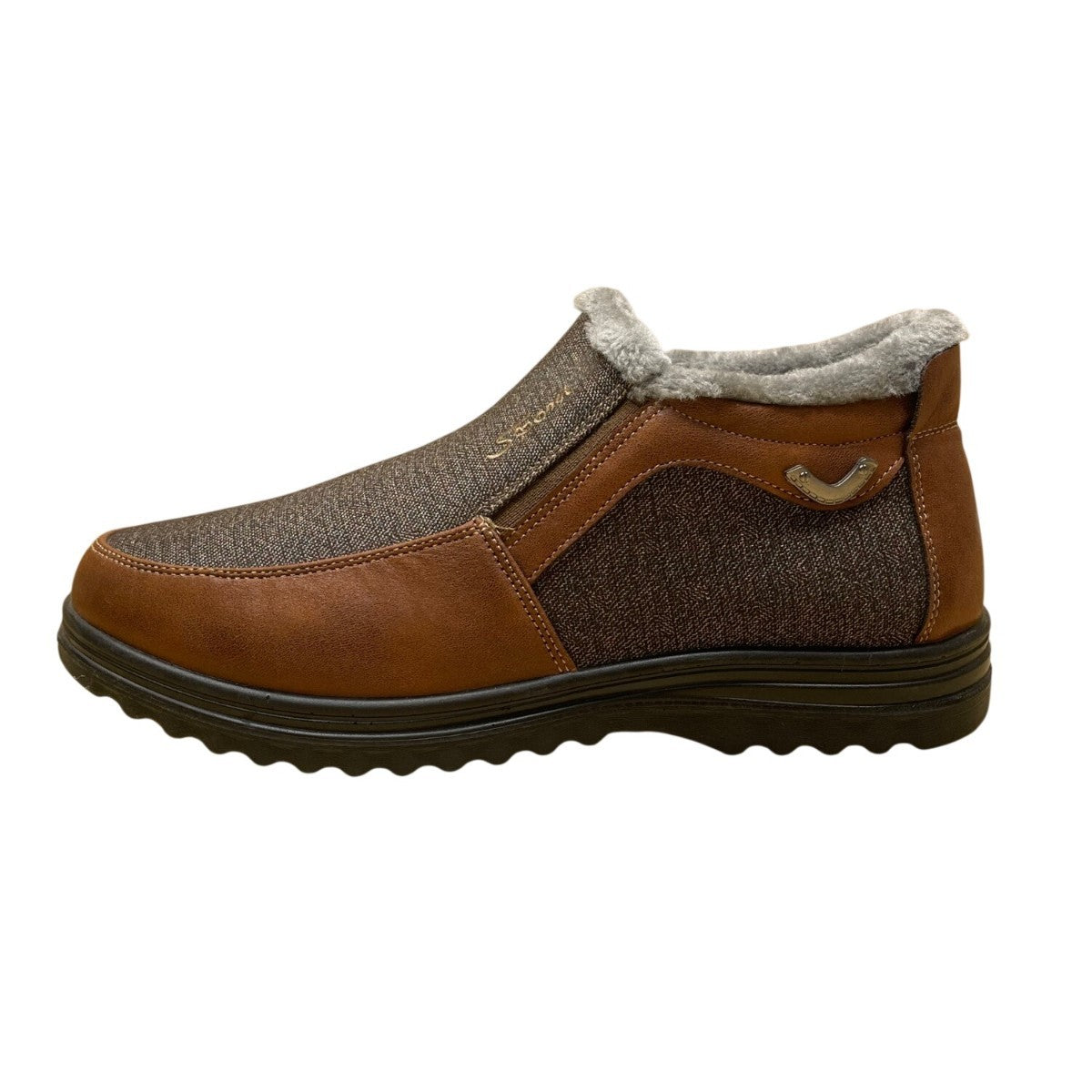 Boxpopla Men’s Brown & Gray Faux Leather Slip-On Winter Boots