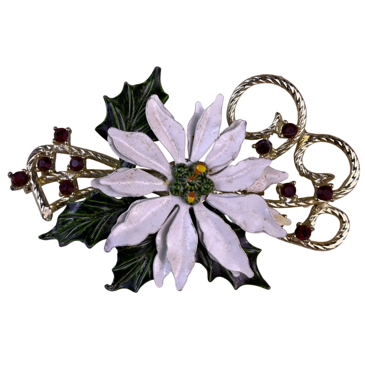 Vintage Womens Gold Tone & Enamel Poinsettia Brooch White Flower Rhinestone
