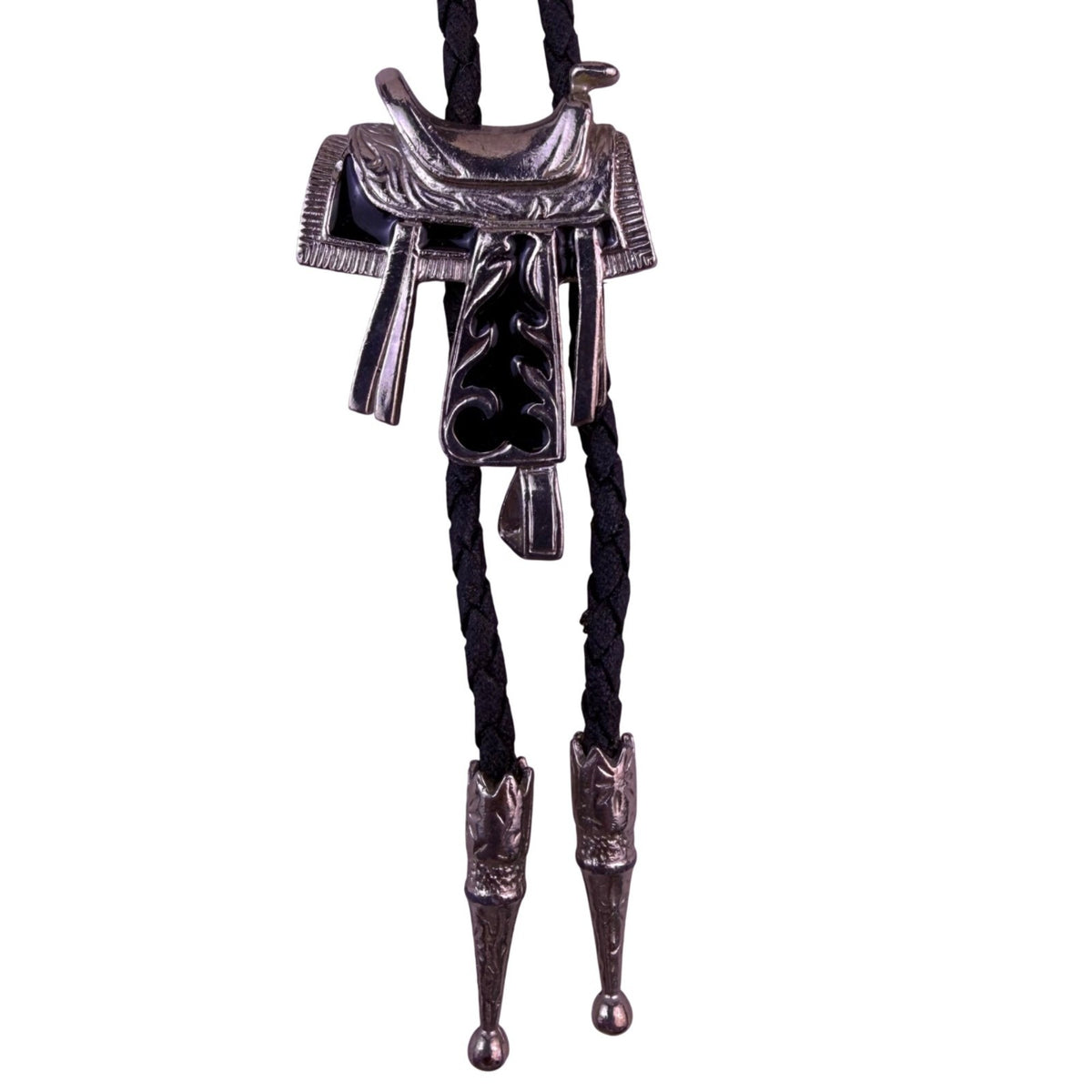 Silver-Toned & Black Western Enamel  Bolo Tie Braided Leather Cord Adjustable