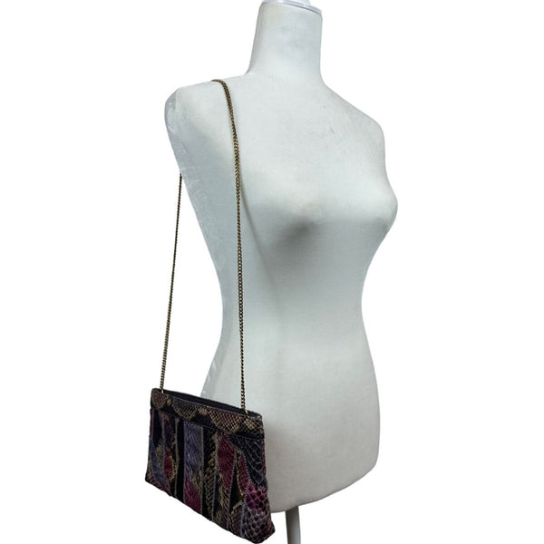 Vintage Women’s Purple Pink Python Skin Gold Chain Clutch and Sholder Bag