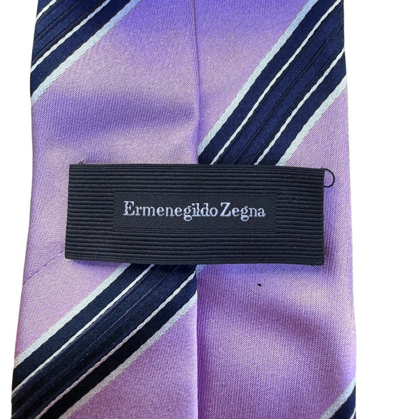 Ermenegildo Zegna Mens Purple Striped 100% Silk Tie Made In Italy Elegant Design