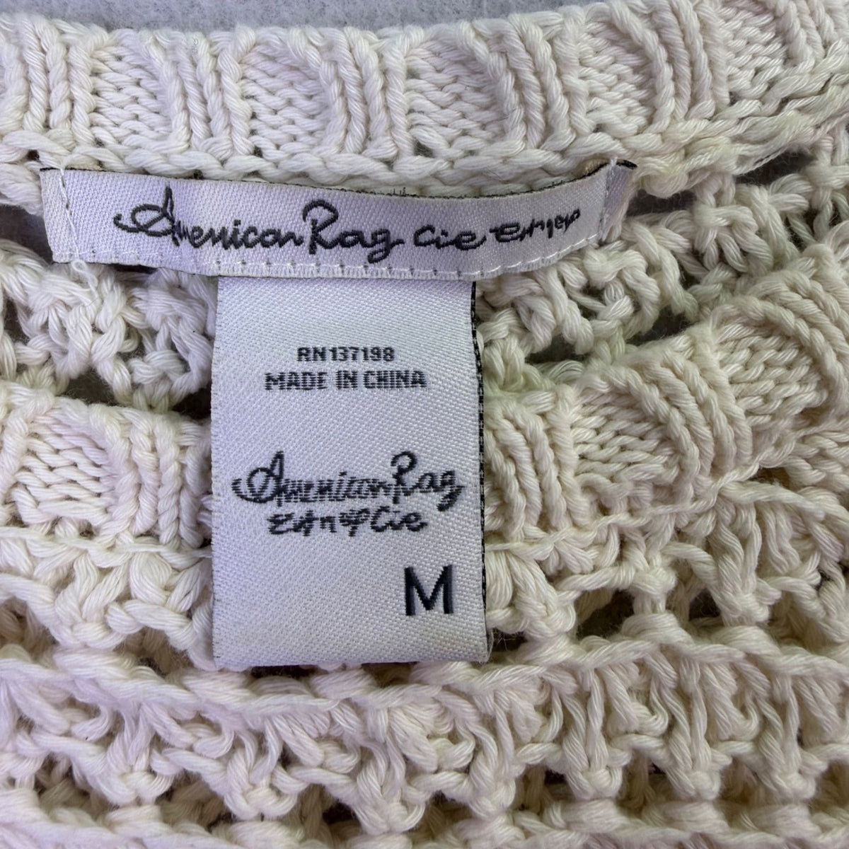 American Rag Womens Ivory Crochet Fringe Bell Sleeve Sweater 100% Cotton Sz M
