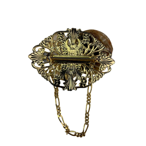 Vintage Gold Tone Filigree Fairy Brooch With Mother Of Pearl & Rhinestone