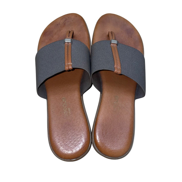 Andre Assous Women’s Brown Leather & Gray Elastic Strap Slip-On Sandals Size 6