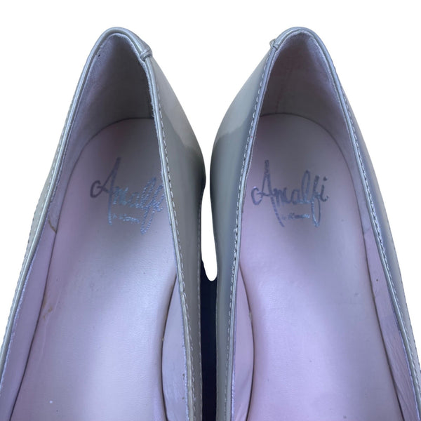 Amalfi By Rangoni Women’s White & Gray Patent Leather Open-Toe Low Wedge Size 7N
