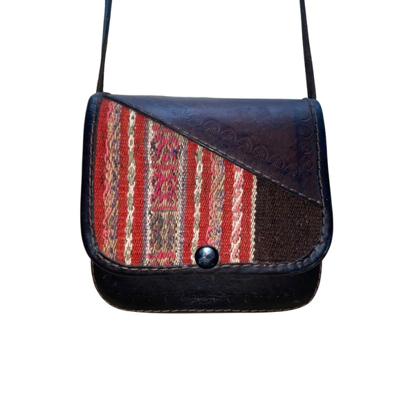 Vintage Handmade Women’s Brown Leather & Woven Striped Pattern Crossbody Bag