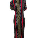Elegant Heritage Print Maxi Dress With Short Sleeves & Bold Stripes