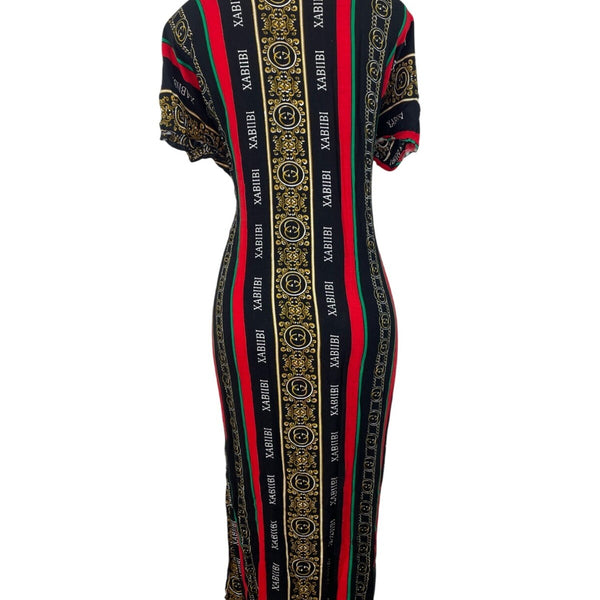Elegant Heritage Print Maxi Dress With Short Sleeves & Bold Stripes