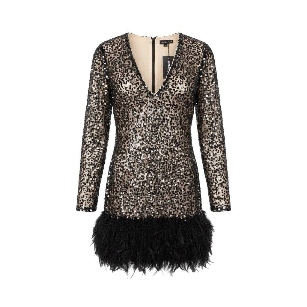 Xpluswear Womens Black Sequin Feather Hem Long Sleeve Cocktail Dress Plus Sz XL