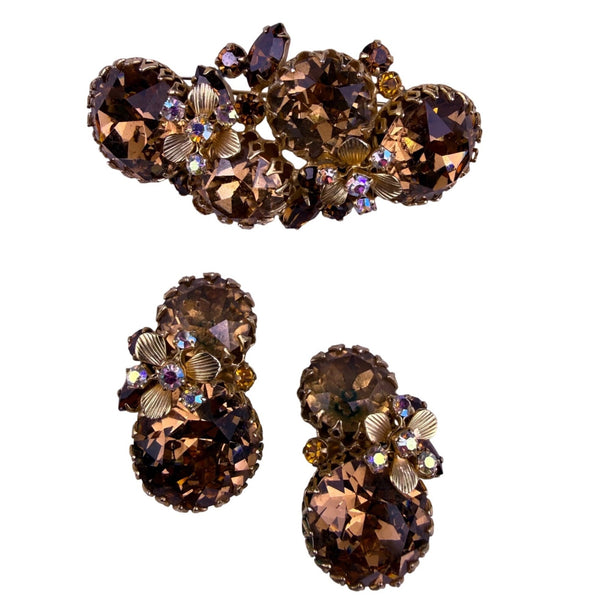 Hattie Carnegie Womens Gold Tone Smoky Topaz Crystal Brooch & Clip-On Earrings S
