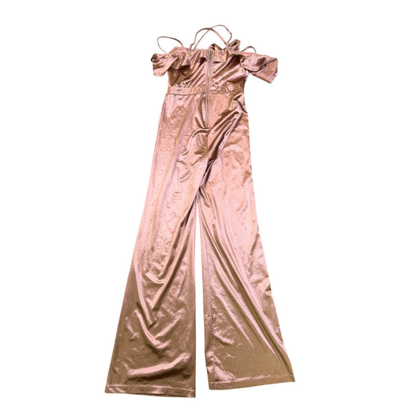 Fashion Nova Women Rose Gold Off-The-Shoulder Ruffle Jumpsuit Size M