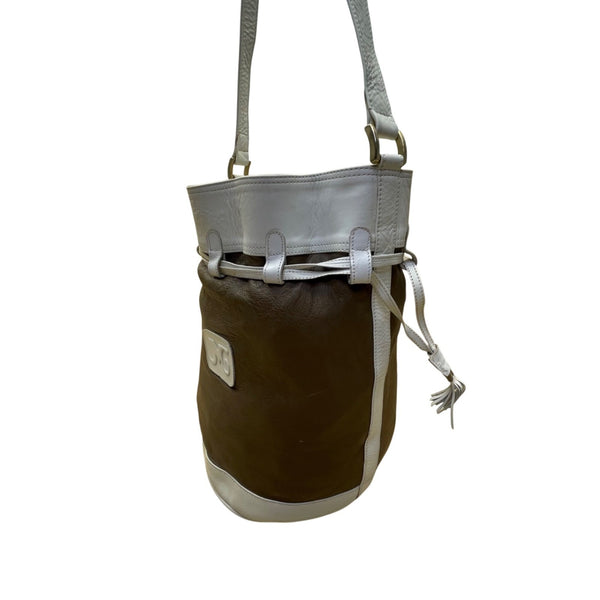 JMG Women’s Brown & White Leather Adjustable Strap Drawstring Closure Bucket Bag
