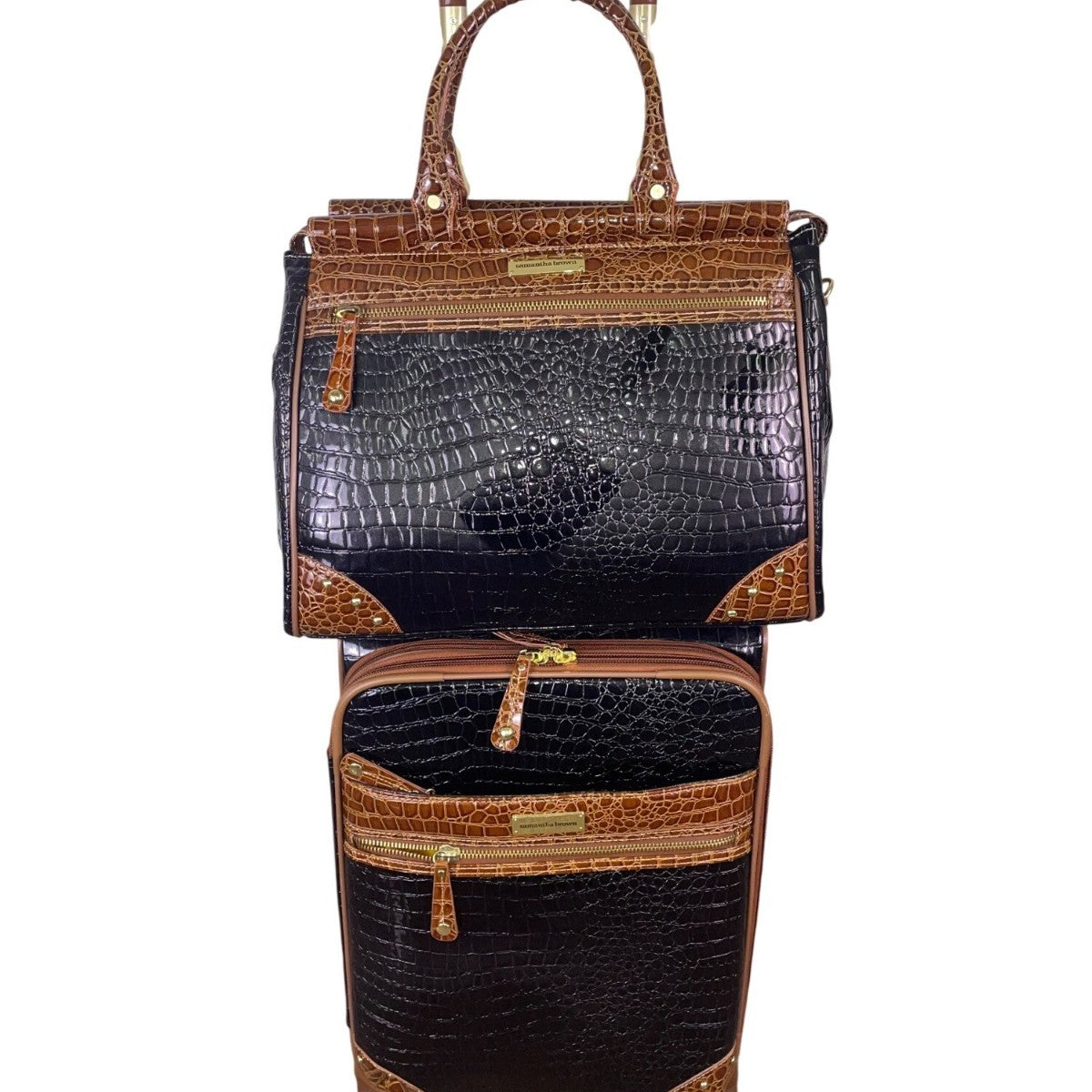 Samantha Brown Women’s Black & Brown Croc-Embossed Rolling Carry-On Luggage