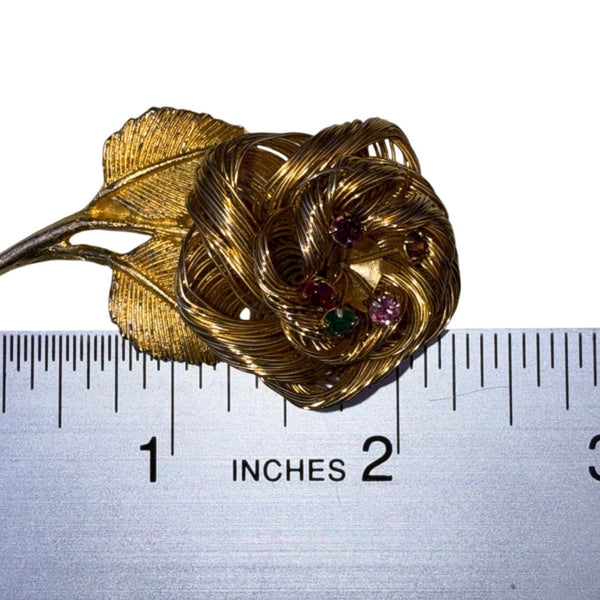 Vintage Gold Tone Wire Rose Rhinestone Brooch Jewelry Floral Design