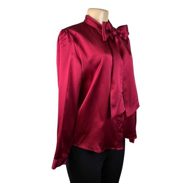 LilySilk Womens Red 100% Mulberry Silk Long-Sleeve Bow Blouse Luxury Design Sz M