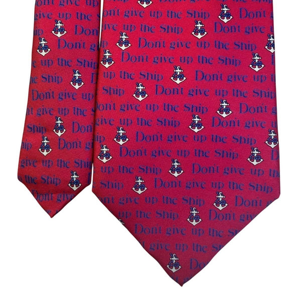 Alynn Mens Red Silk Necktie Nautical "Dont Give Up The Ship" Anchor Pattern USA