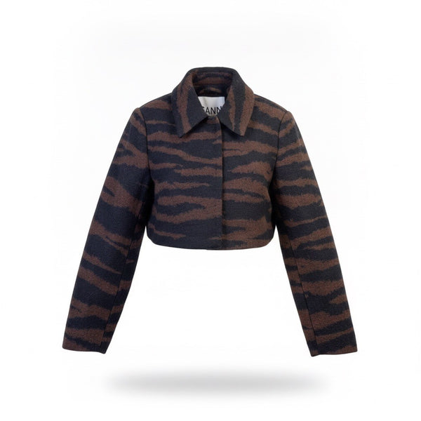 Ganni Womens Black Tiger Stripe Wool & Polyester Cropped Jacket Size 34