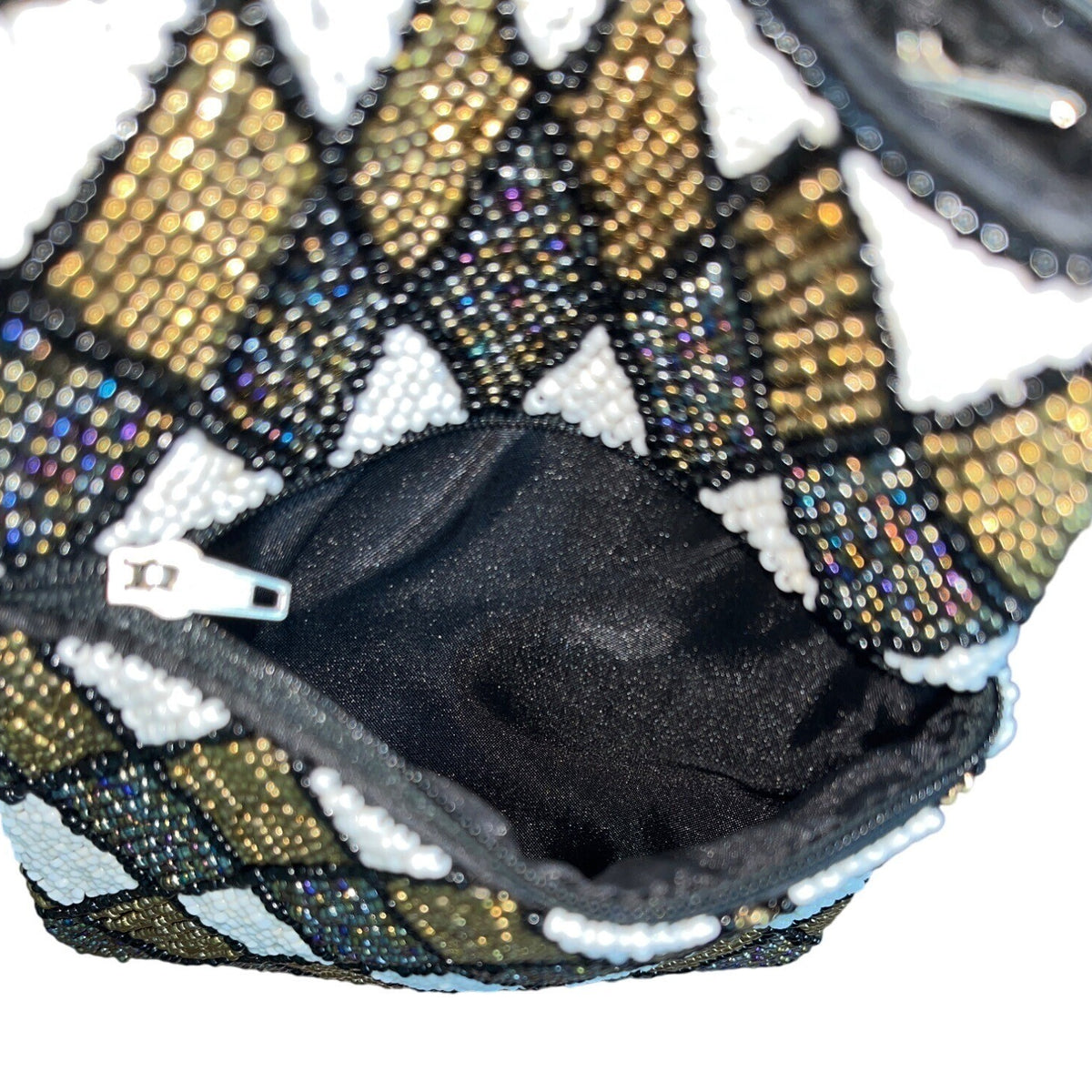 Beaded Harlequin Pattern Black Gold Silver White Crossbody Bag Sz S