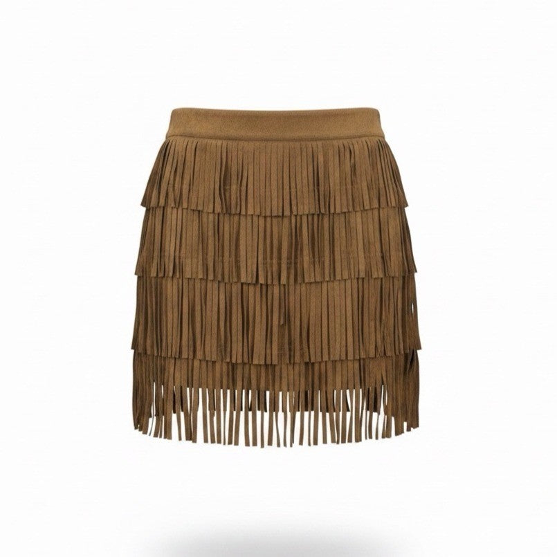 Mango Women Brown Suede Fringe Skirt Western Style Lightweight Size 4