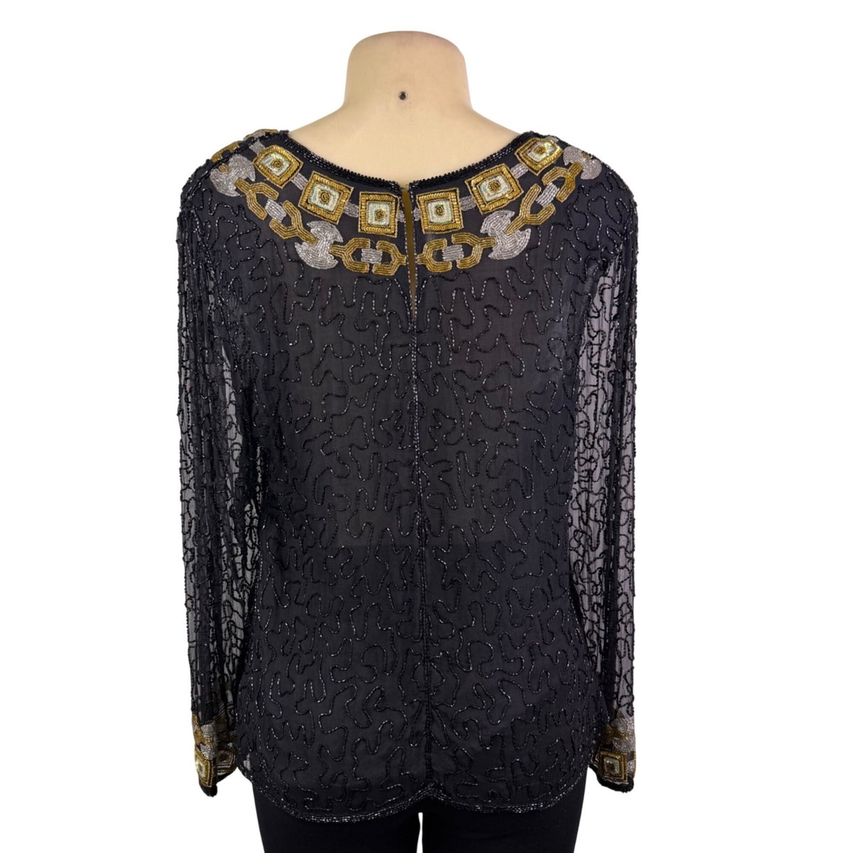 Chetan Creations Black Silk Hand Woven Sequined Beaded Top Gold V-Neck Sz M