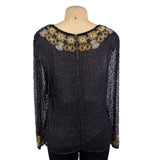 Chetan Creations Black Silk Hand Woven Sequined Beaded Top Gold V-Neck Sz M