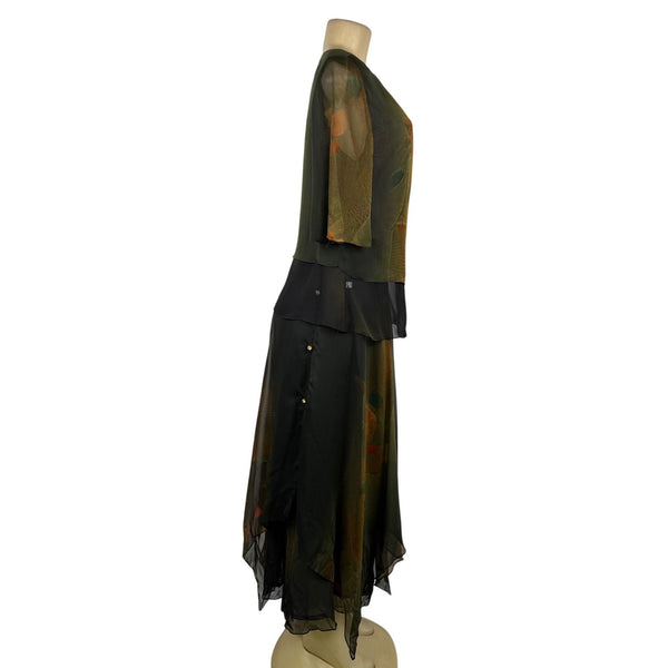 Suzanne Womens Green & Orange Chiffon Skirt & Sheer Jacket Set Floral Sz S