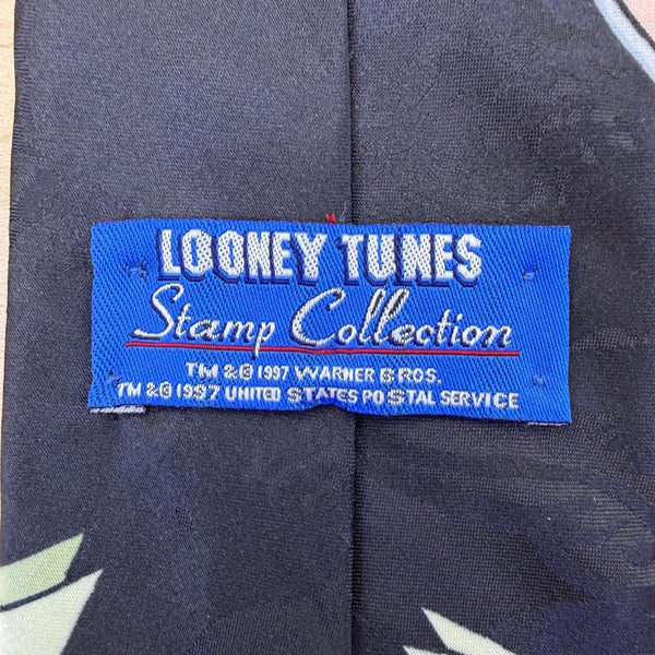Looney Tunes Mens Black Polyester Bugs Bunny Stamp Collectible Necktie 1997 USA