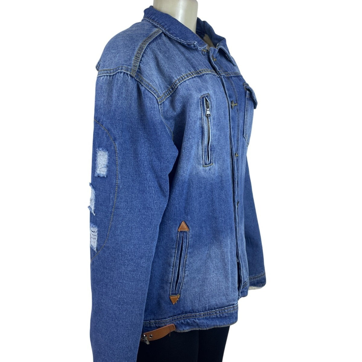Omoone Women’s Blue Denim Jacket Distressed Pockets Button Closure Sz L