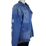 Omoone Women’s Blue Denim Jacket Distressed Pockets Button Closure Sz L